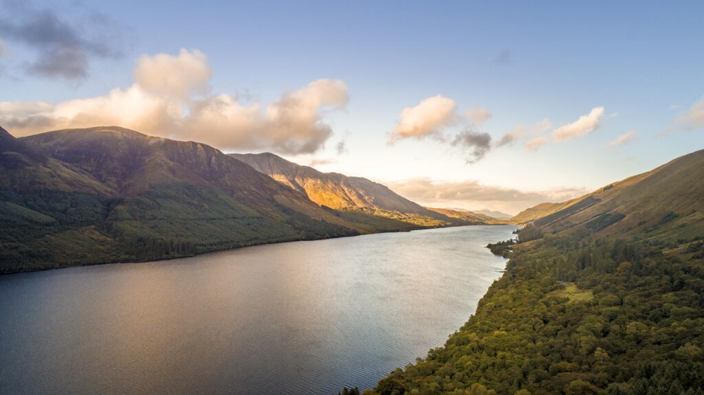 Aerial shot of Loch Ness lake in Scotland captured by a drone.