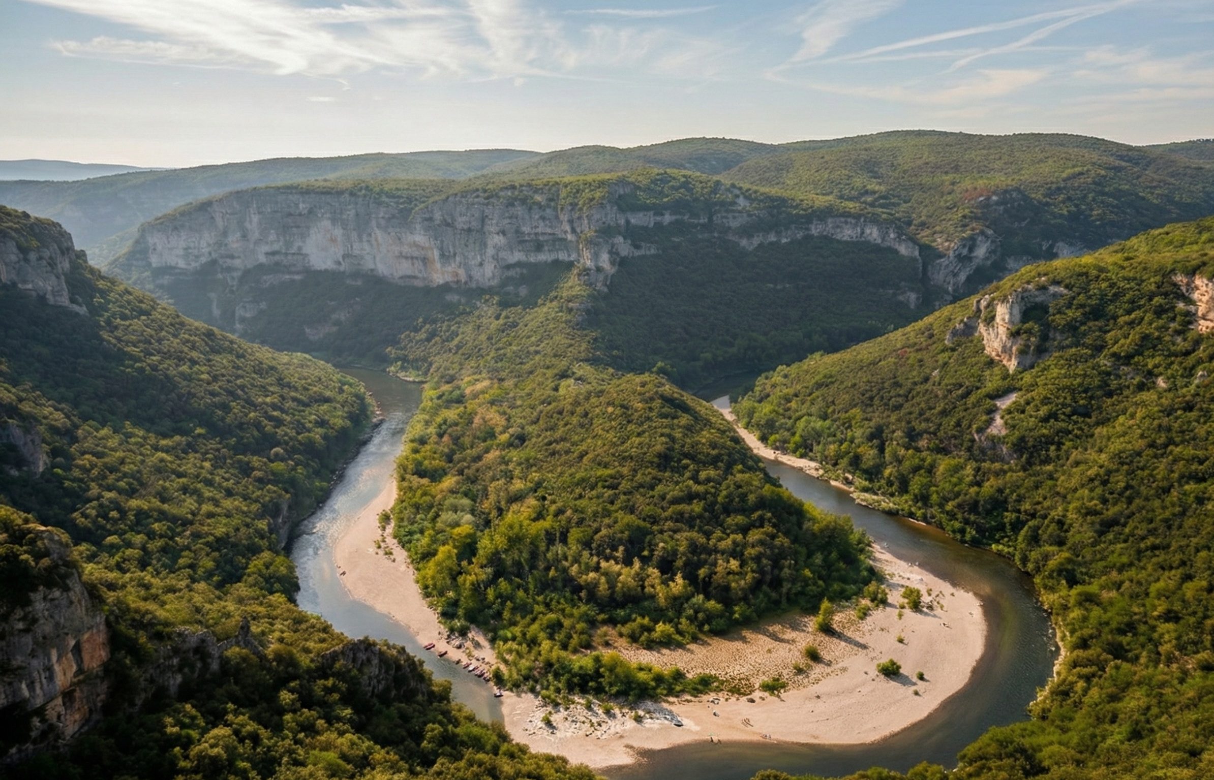 Uitzicht op de iconische rivierbocht van de Gorges de l'Ardèche in Zuid-Frankrijk, een van de mooiste kanoroutes van Europa.