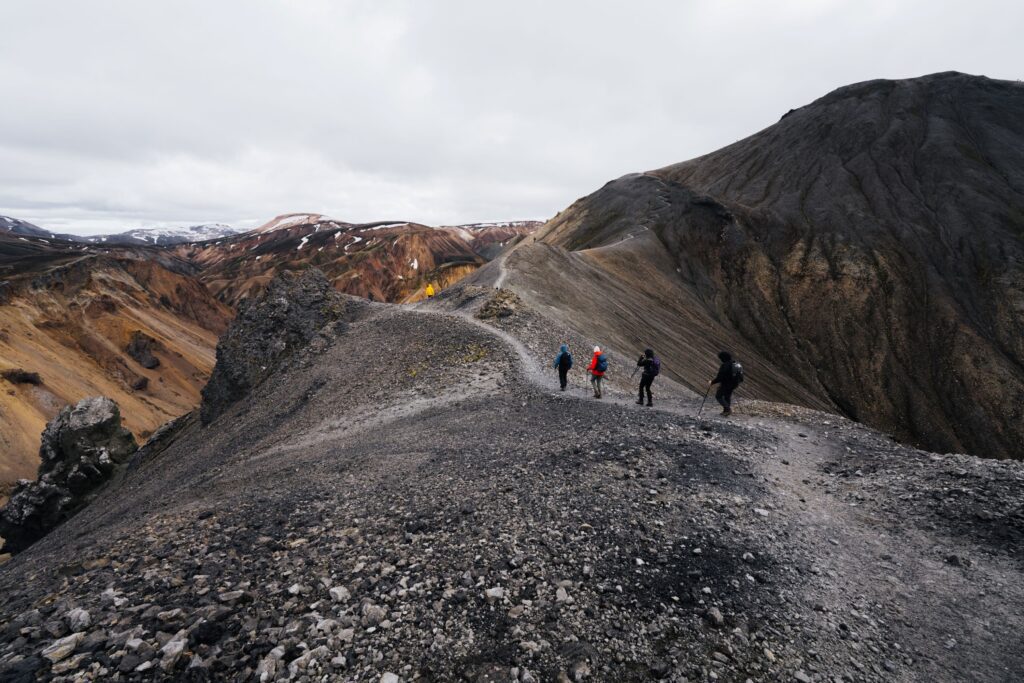 hikers on a trail on the trek in Iceland