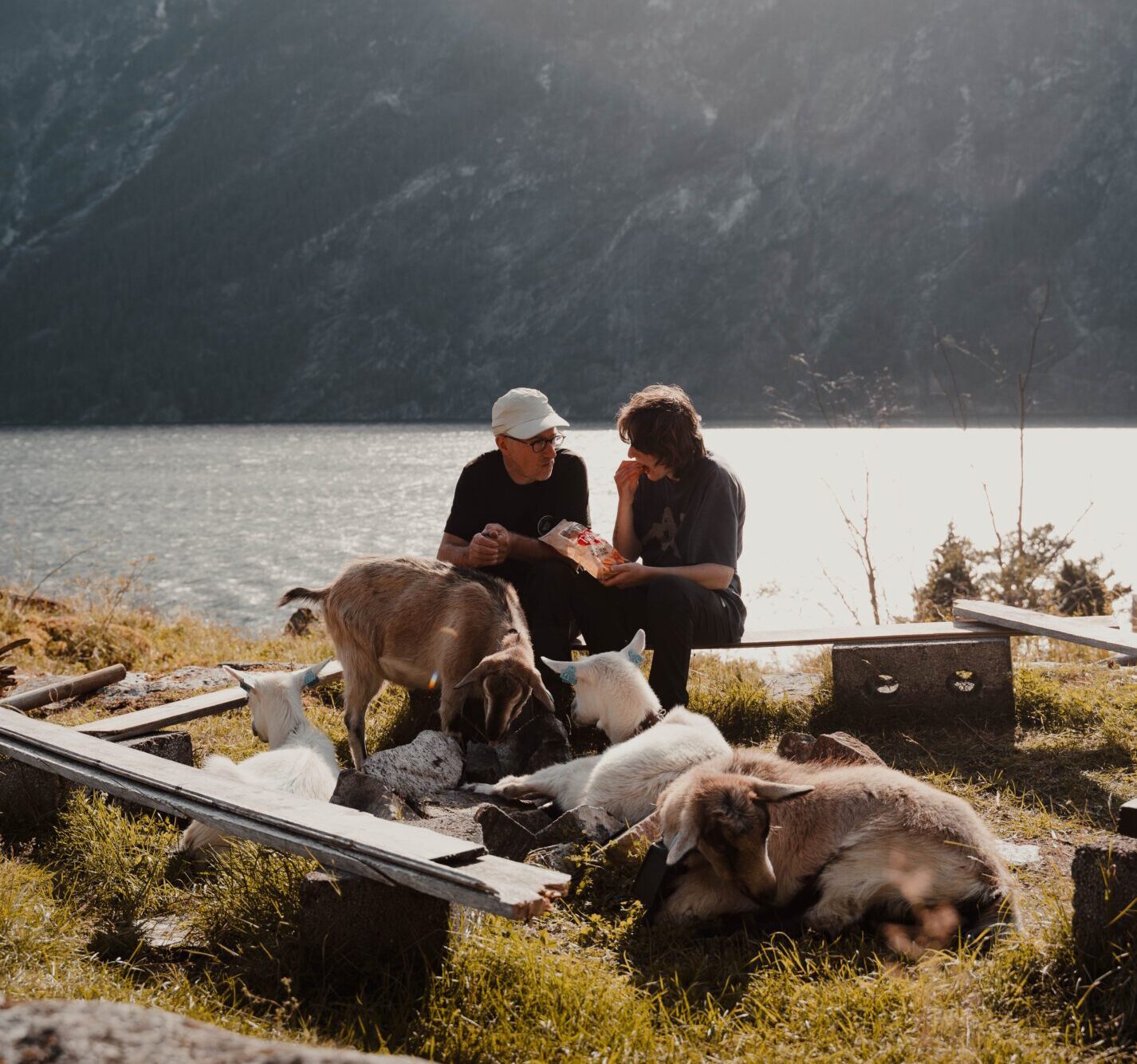 2 people eating chips with goats - Kayaking - Norway fjord - hiking in Norway - kayaking - from Brussels airport
