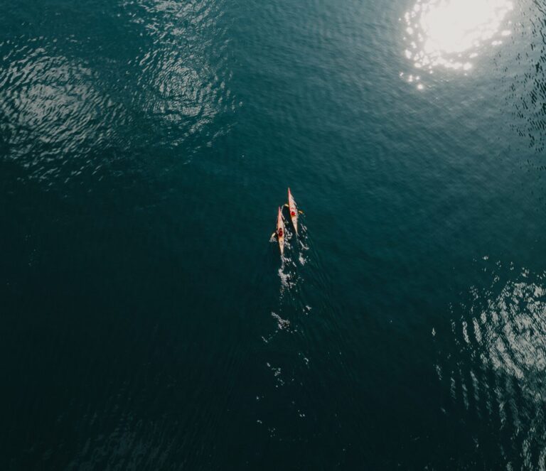 2 kayaks in the water, drone view - Kayaking - Norway fjord - hiking in Norway - kayaking - from Brussels airport