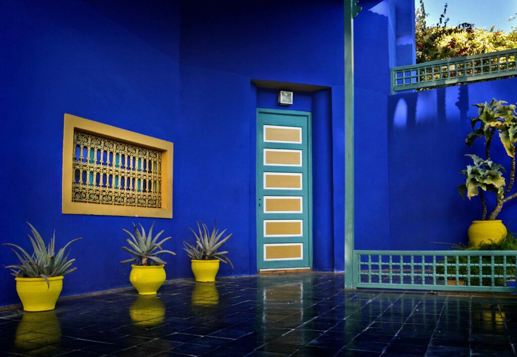 Photo des jardins de Majorelle à Marrakech avec des plantes et des murs bleu